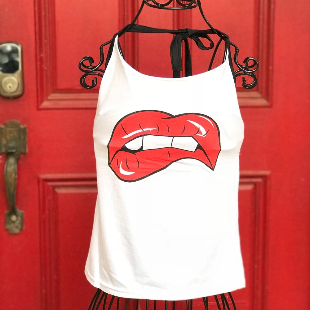 New Red Hot Lips white Halter Top. Straps are black and ties around neck.